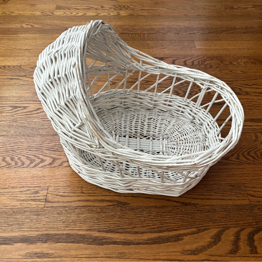 Vintage white wicker doll size baby bassinet for shower or decor